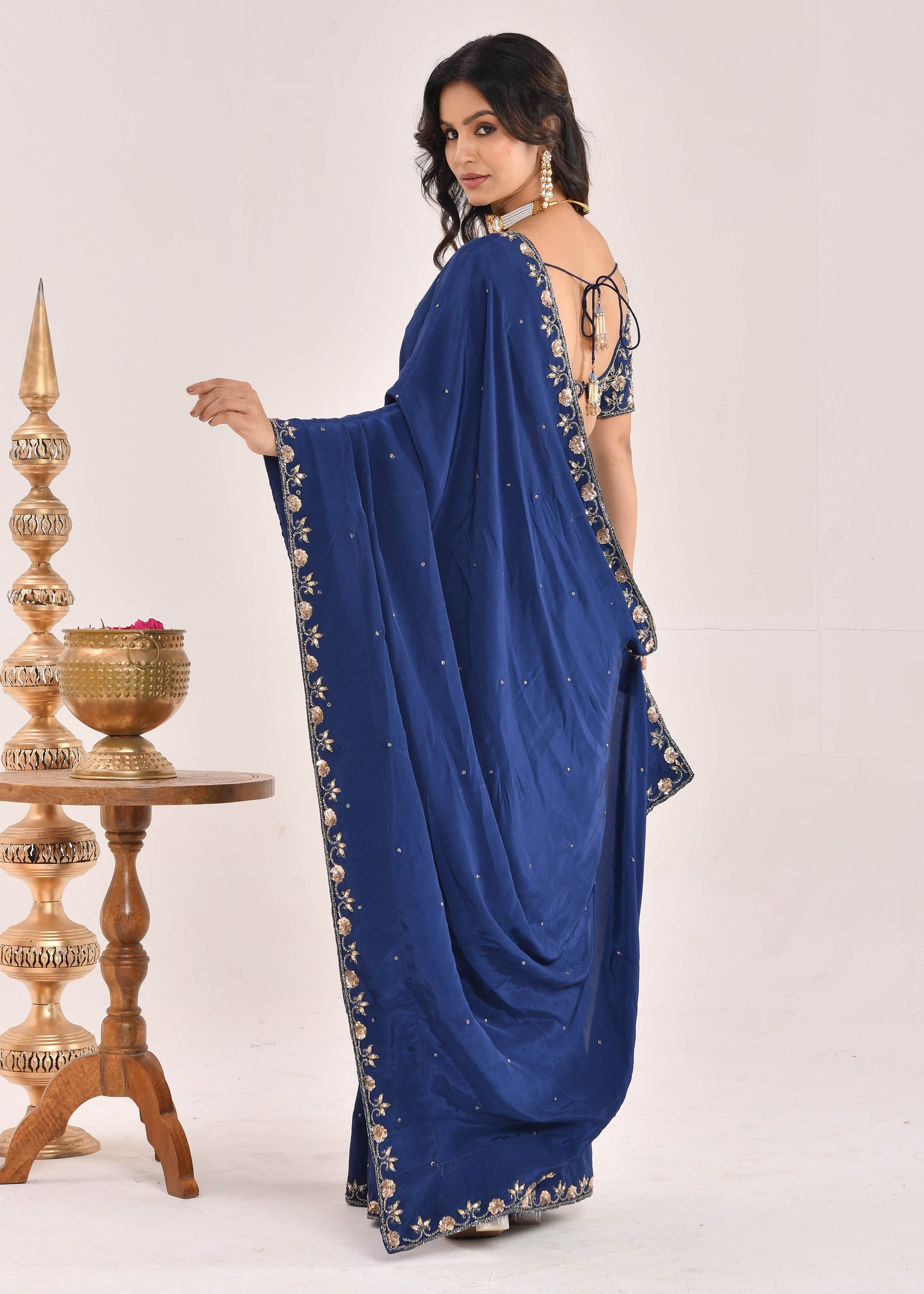 Dark Blue Hand-Embroidered Silk Saree