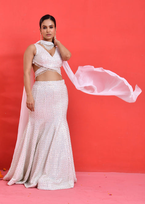 Ivory Hand-Embroidered Georgette Fishcut Lehenga