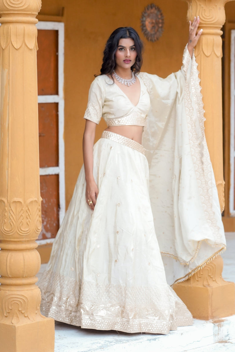 Cream and Gold Silk Embroidered Lehenga