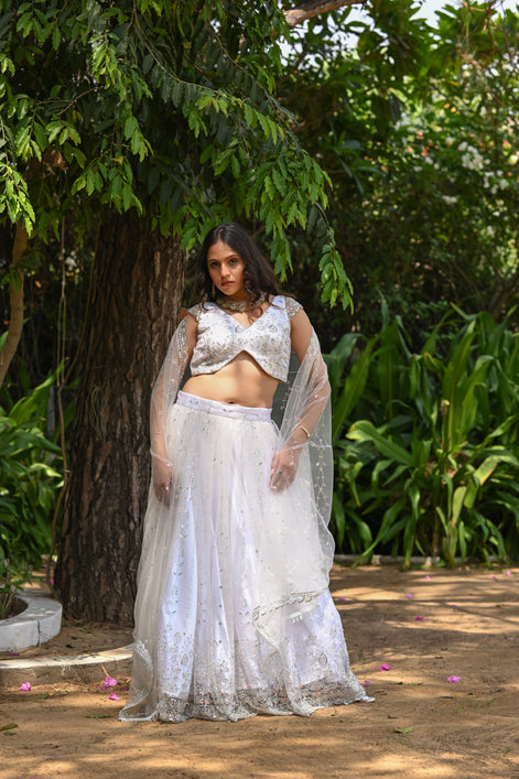 White Sparkle Embroidered Net Lehenga