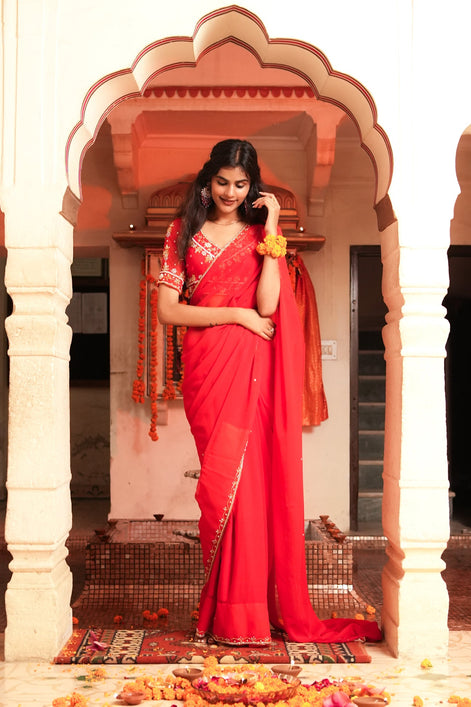 Red Handwork Georgette Saree