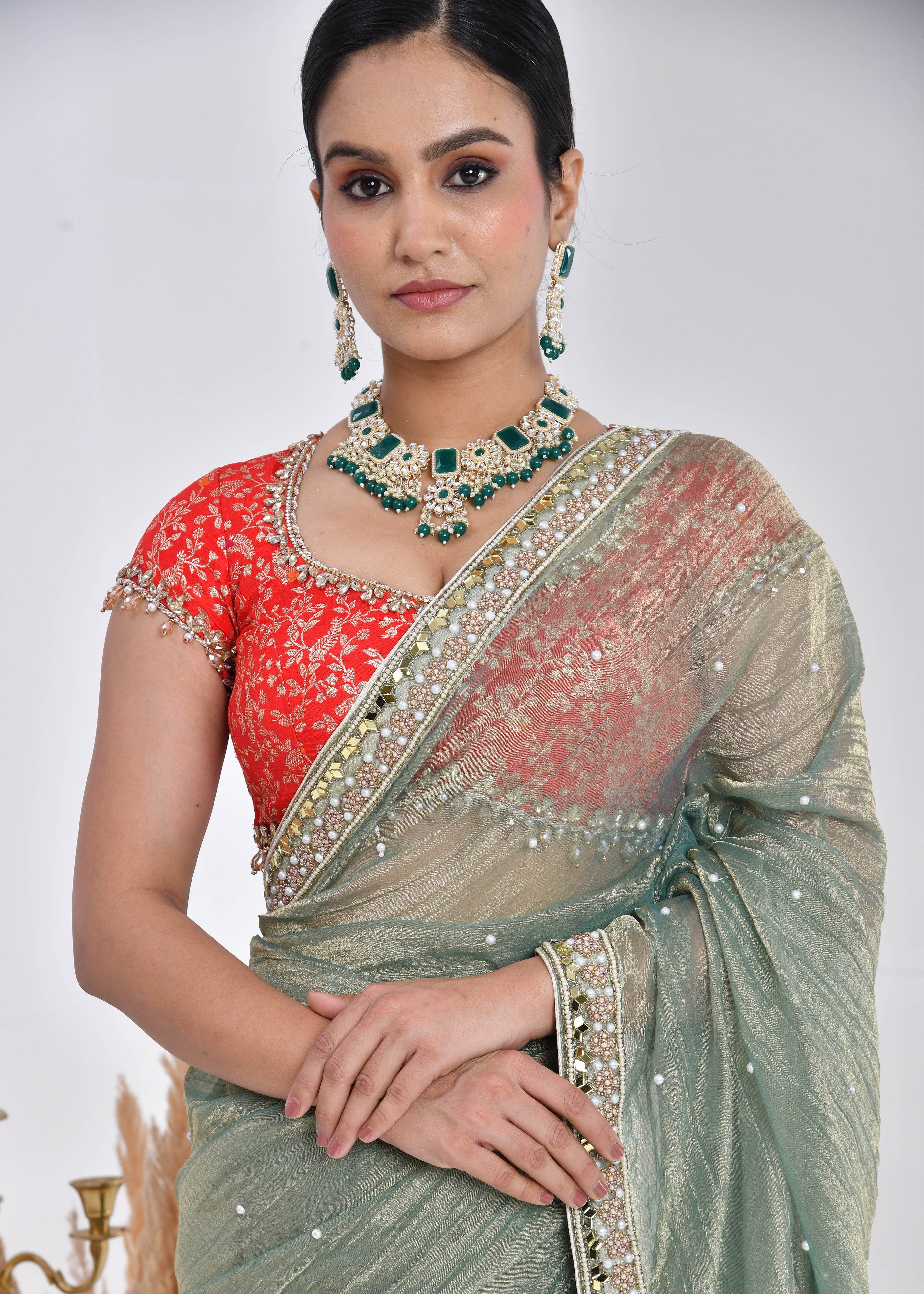 Sage Green Hand-Embroidered Tissue Saree