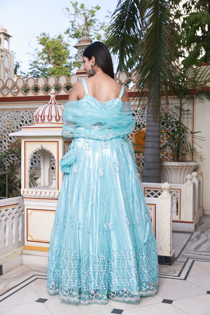 Sky Blue Embroidered Net Lehenga