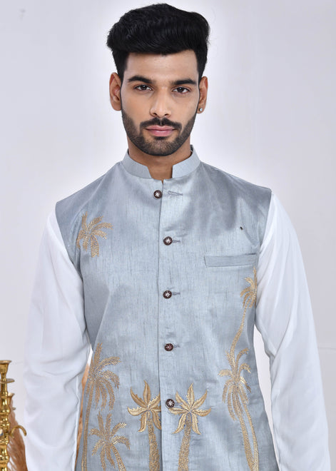 Grey Embroidered Raw Silk Nehru Jacket Set