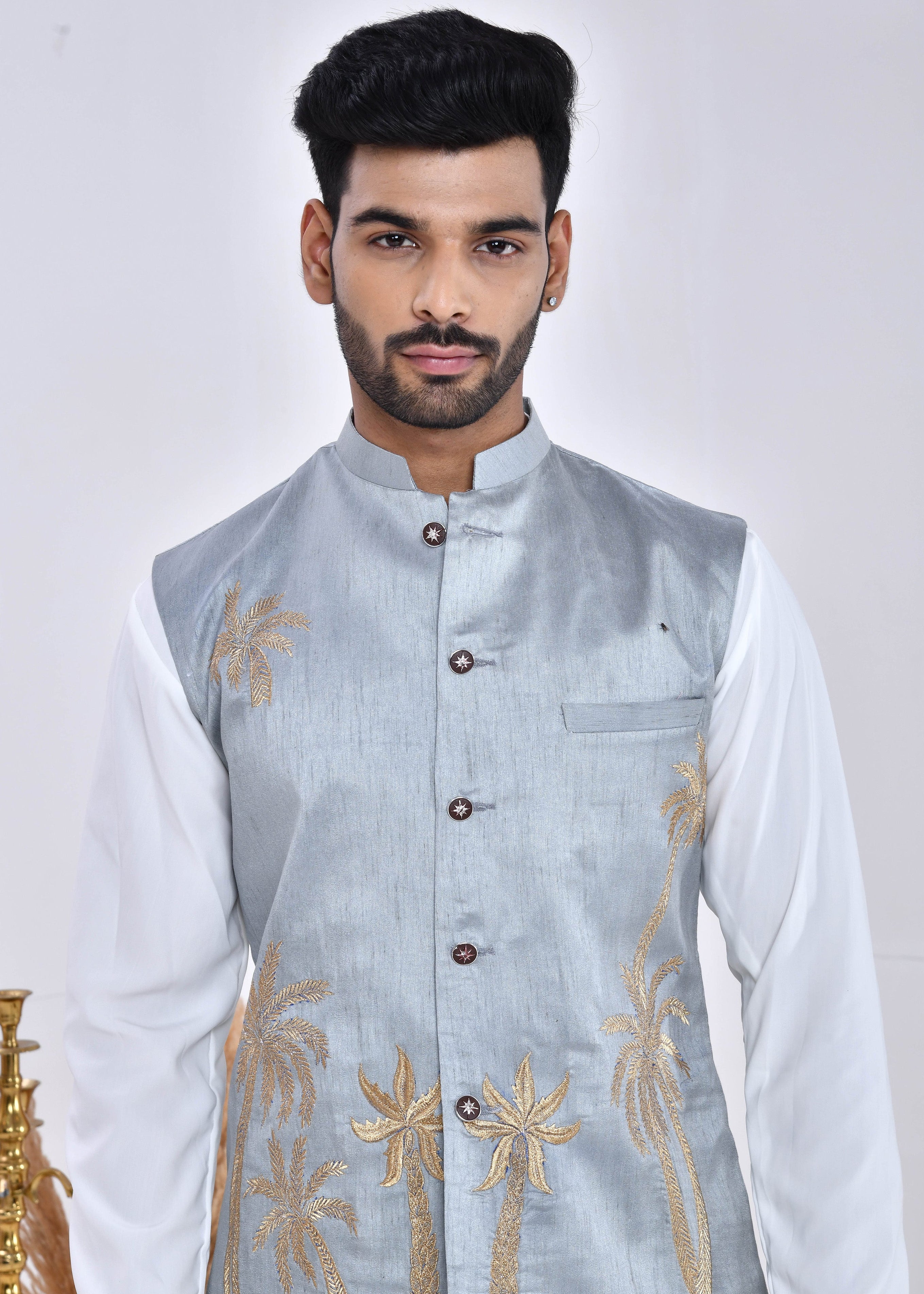 Grey Embroidered Raw Silk Nehru Jacket Set