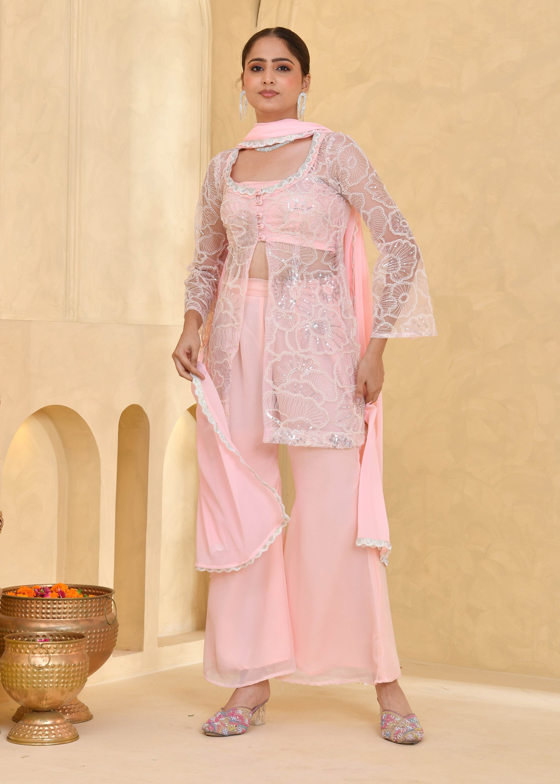 Light Pink Hand-Embroidered Georgette Sharara Suit