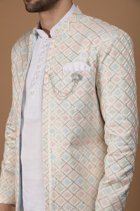 Cream Multicolor Silk Nehru Jacket Set