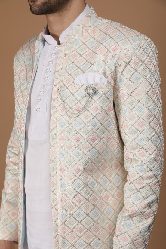 Cream Multicolor Silk Nehru Jacket Set