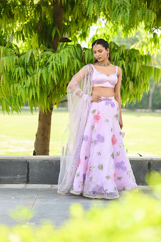 Lavender Multicolor Floral Embroidered Organza Lehenga