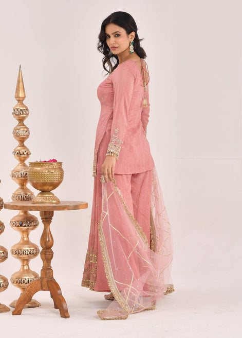 Dusty Peach Embroidered Satin Sharara Suit