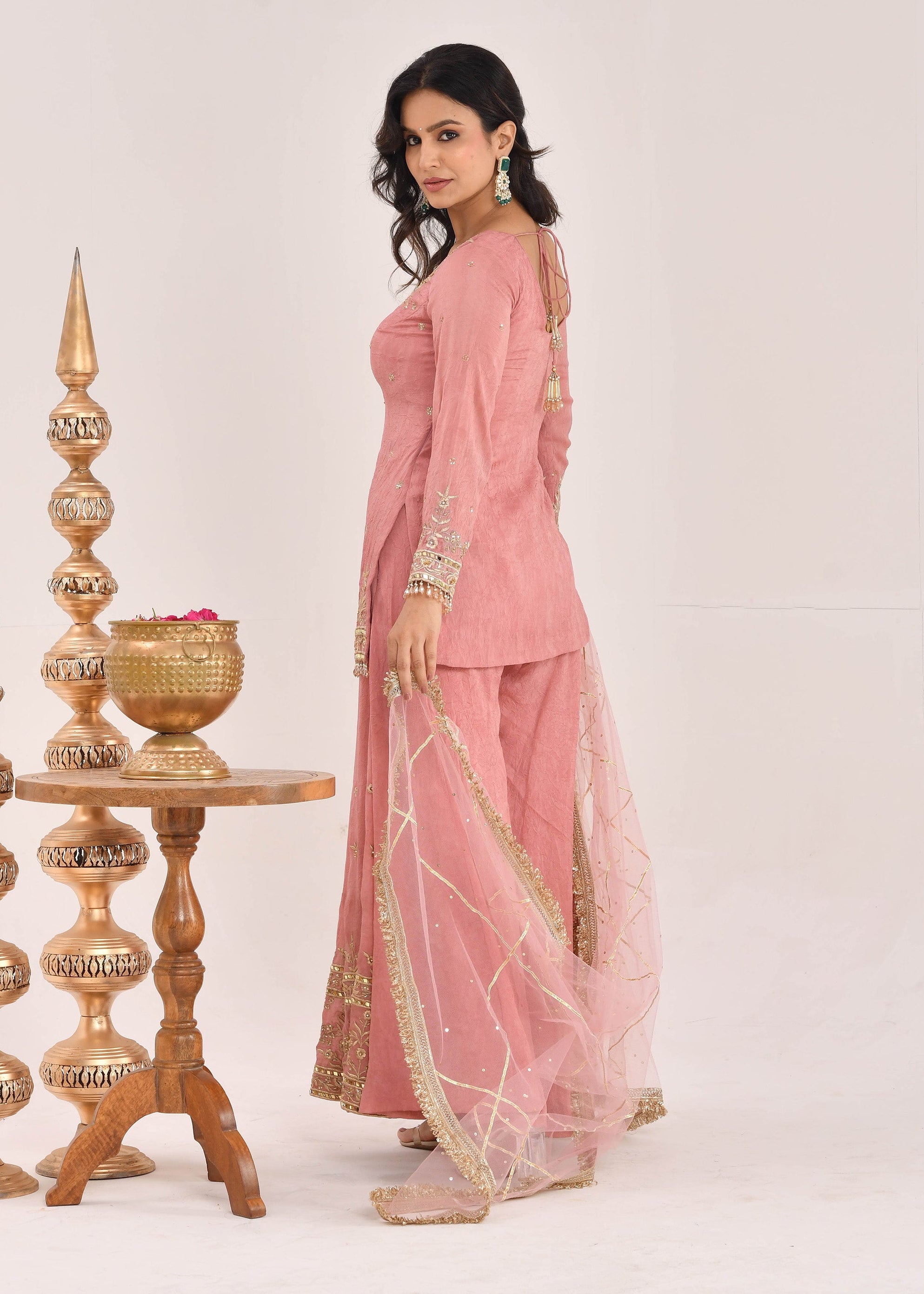 Dusty Peach Embroidered Satin Sharara Suit