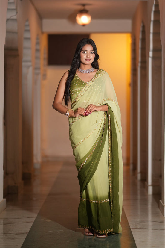 Light Green and Moss Green Hand Embroidered Georgette Saree