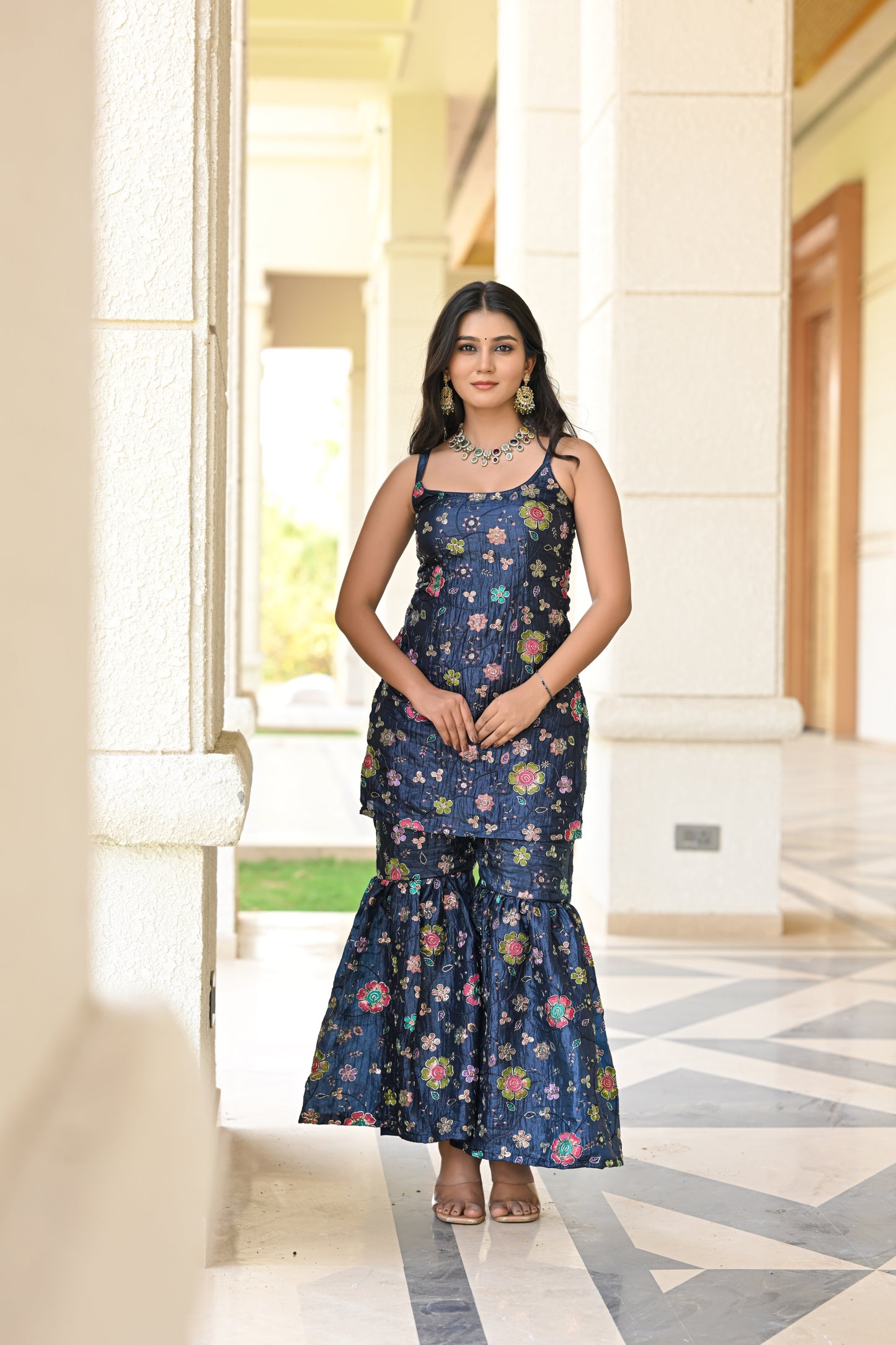 Navy Blue Multicolor Floral Embroidered Garara