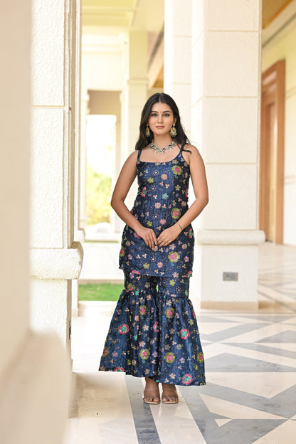 Navy Blue Multicolor Floral Embroidered Garara