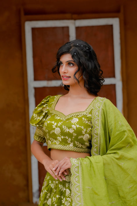 Green Embroidered Banarasi Silk Lehenga