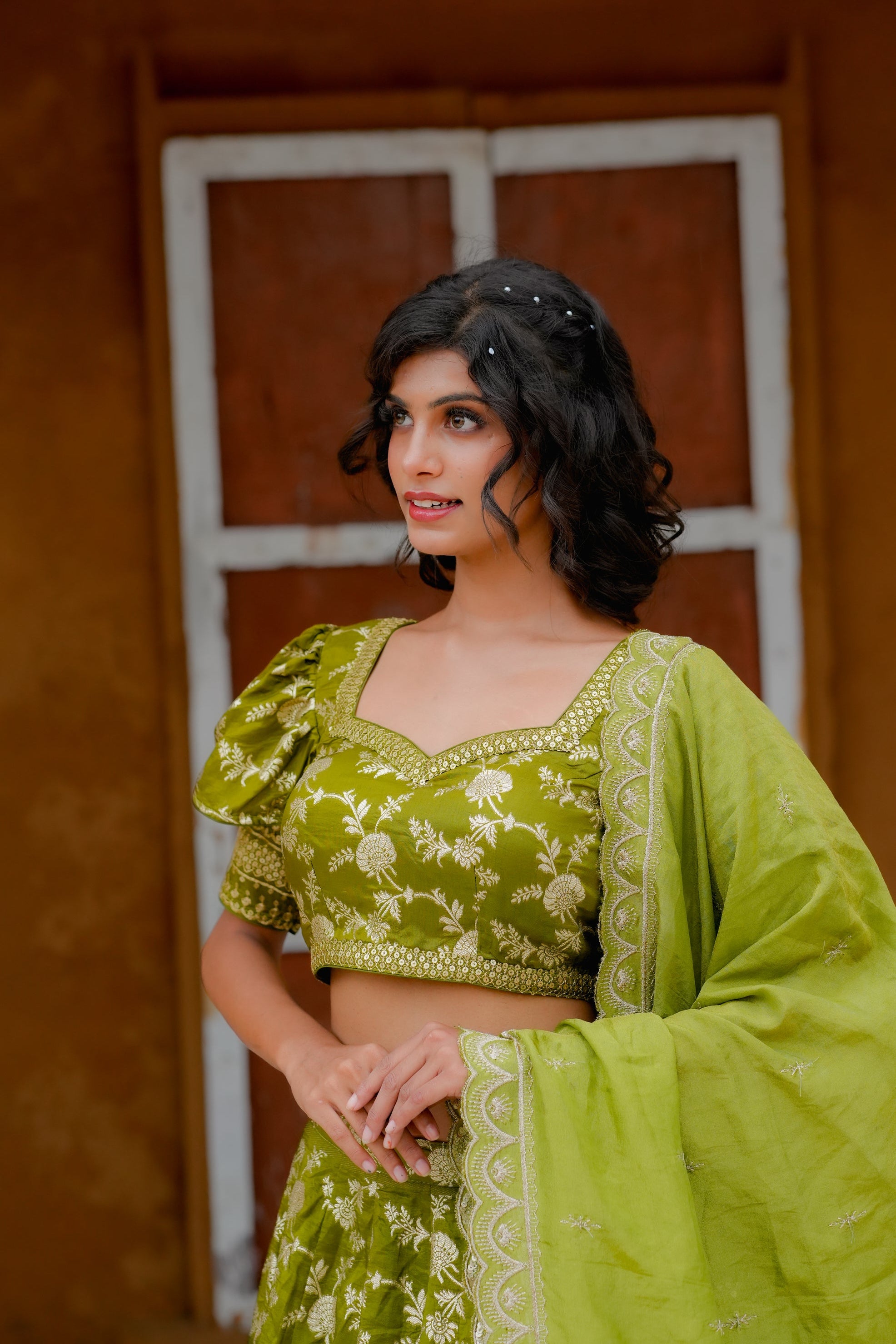 Green Embroidered Banarasi Silk Lehenga