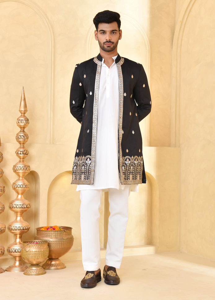 Black Embroidered Raw Silk Indo-Western Jacket Set