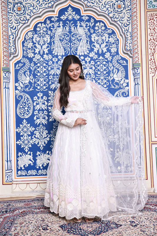 White Floral Embroidered Anarkali Style Net Lehenga