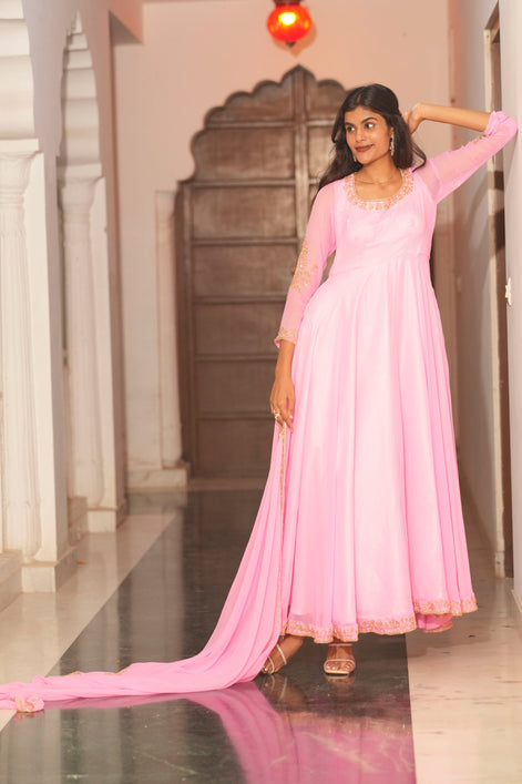 Pink Hand Embroidery Georgette Anarkali