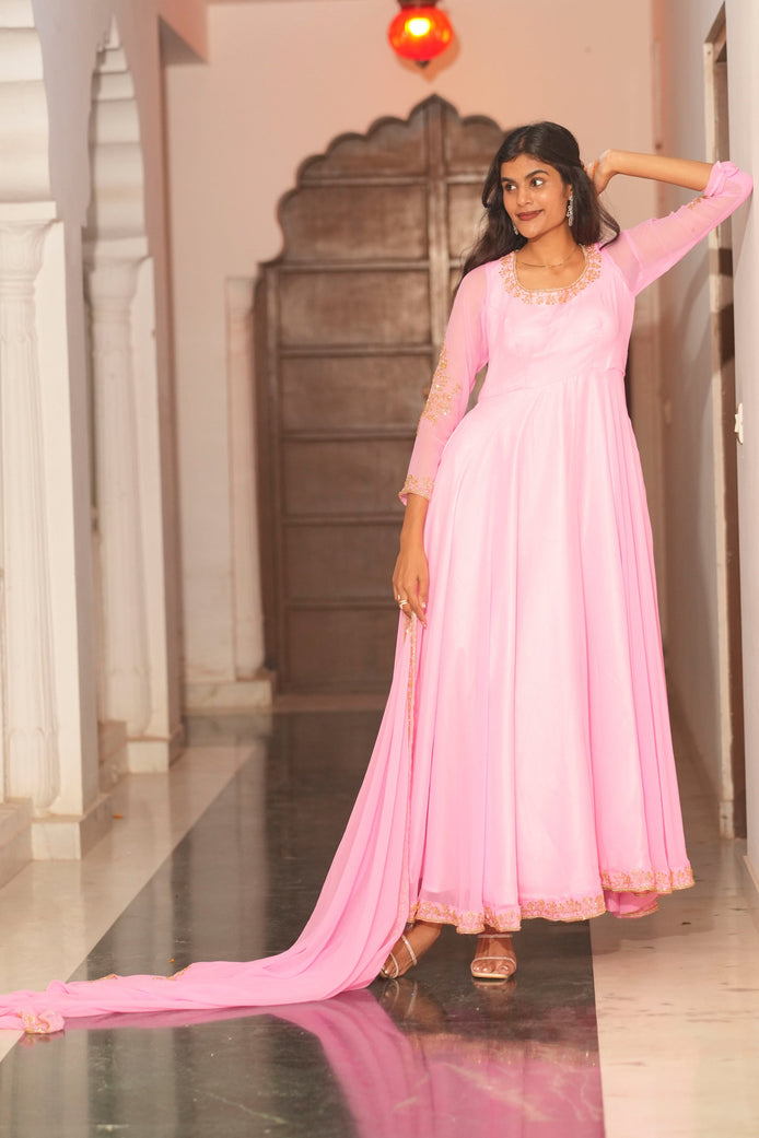 Pink Hand Embroidery Georgette Anarkali