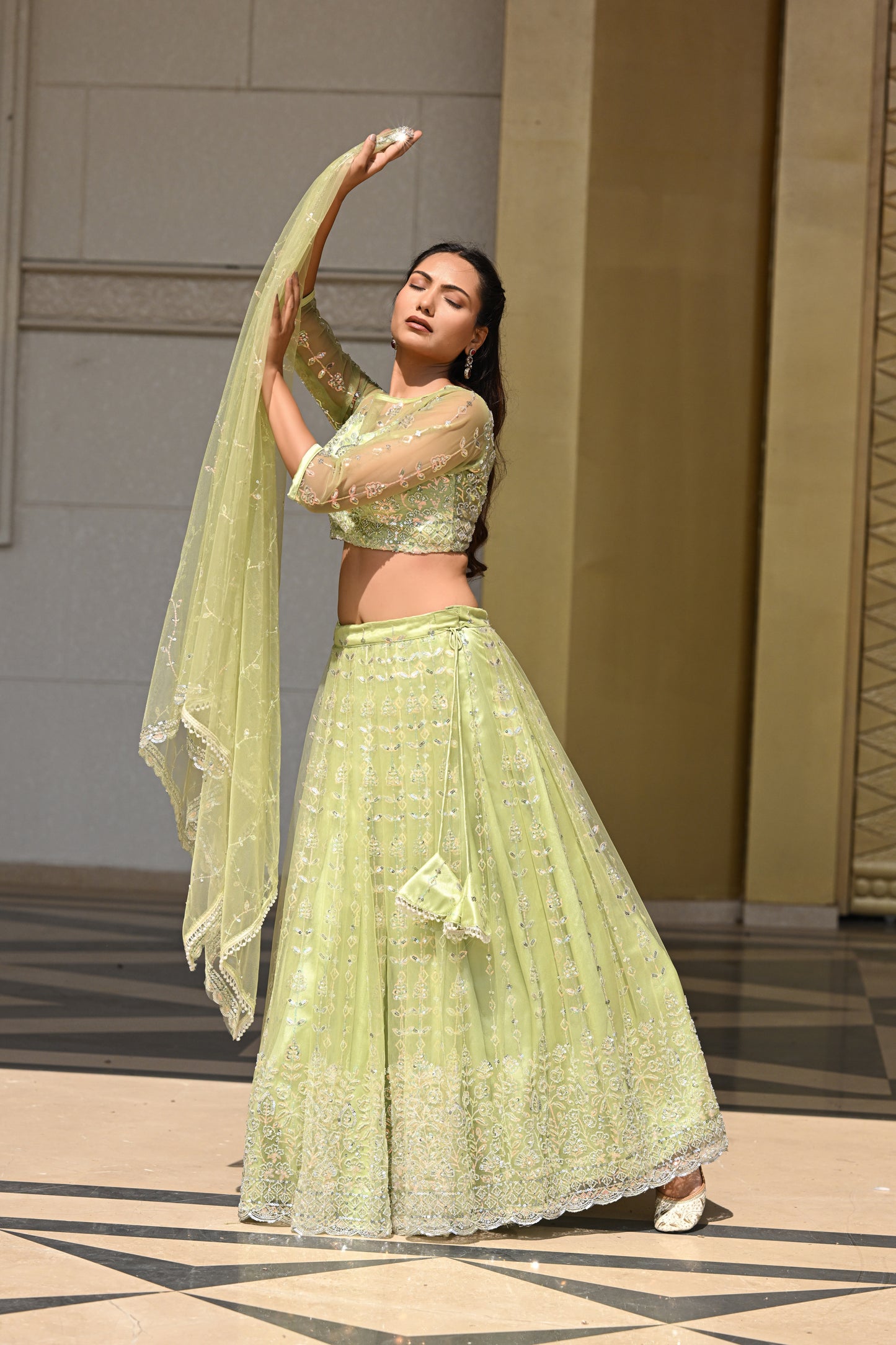 Light Pastel Green Sparkle Embroidered Net Lehenga