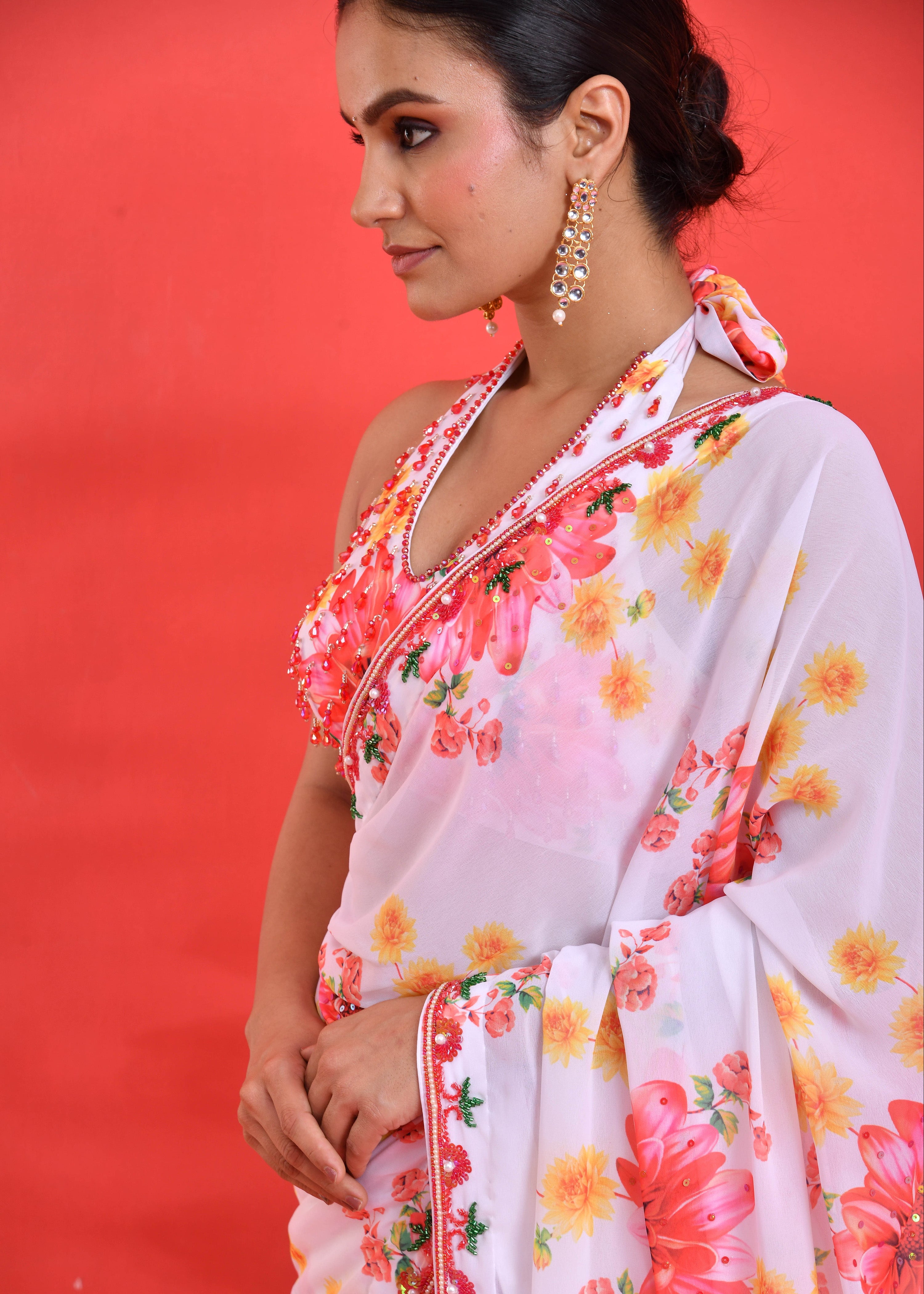 White Floral Hand-Embroidered Georgette Saree