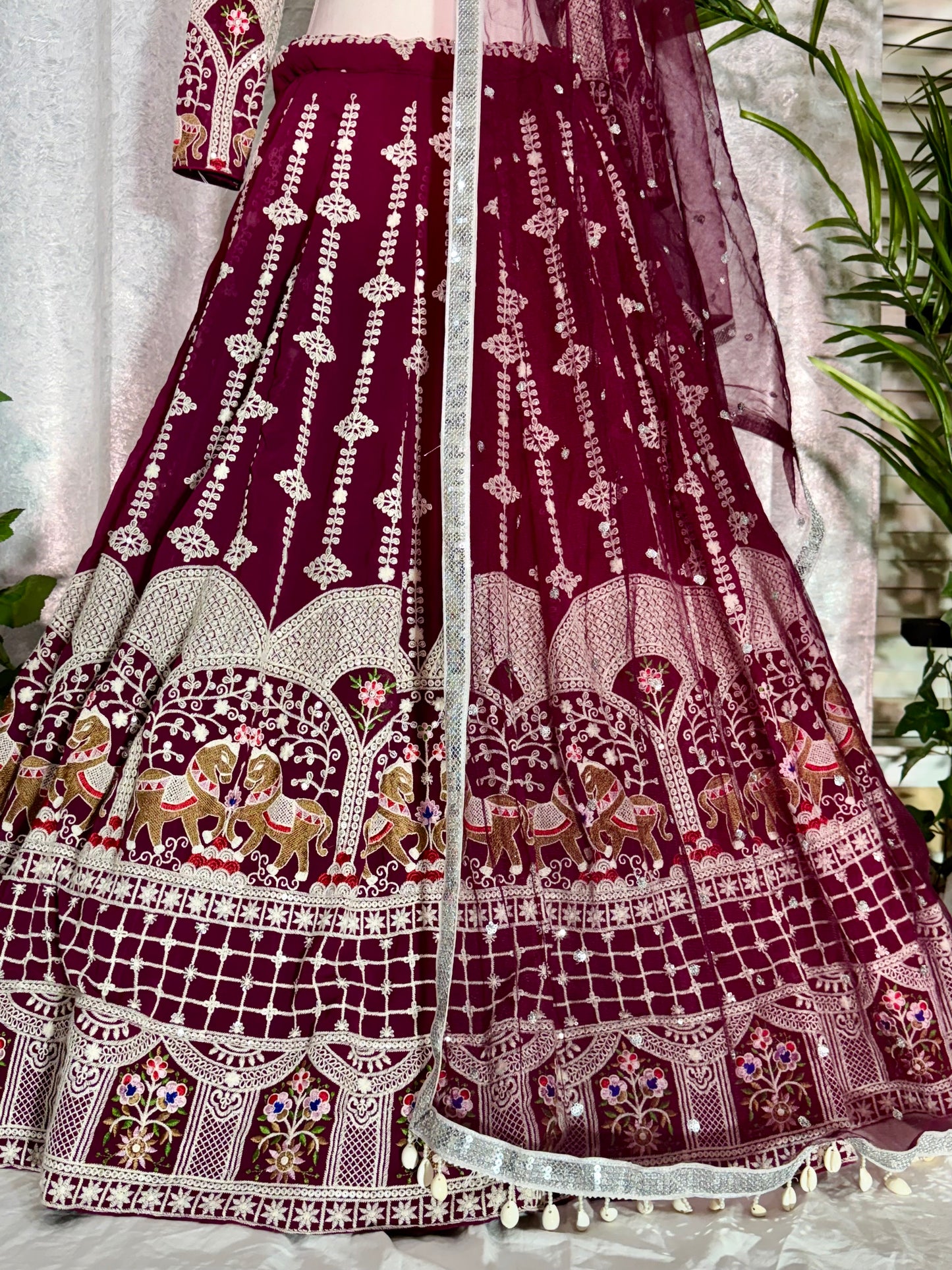 Deep Maroon Pure Georgette Lehenga with Intricate White & Gold Embroidery