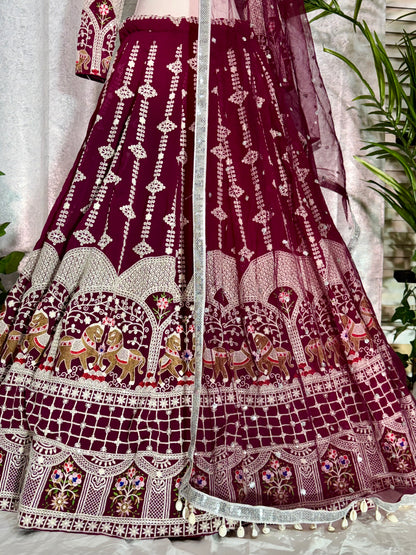 Deep Maroon Pure Georgette Lehenga with Intricate White & Gold Embroidery