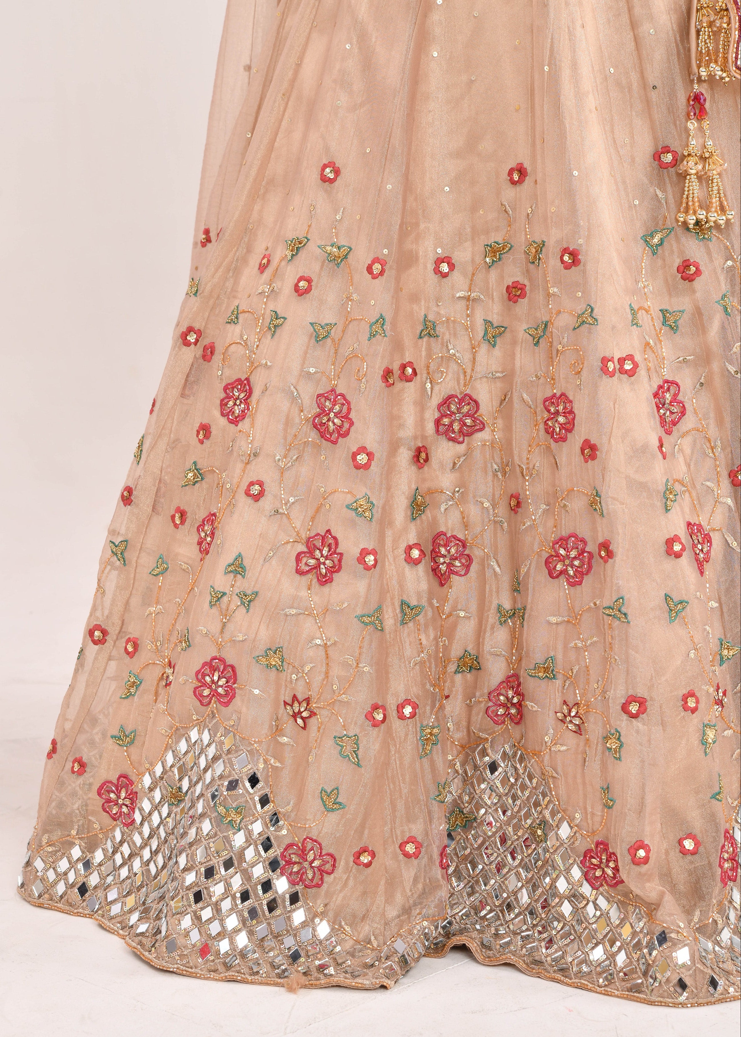 Gold and Red Embroidered Raw Tissue Lehenga