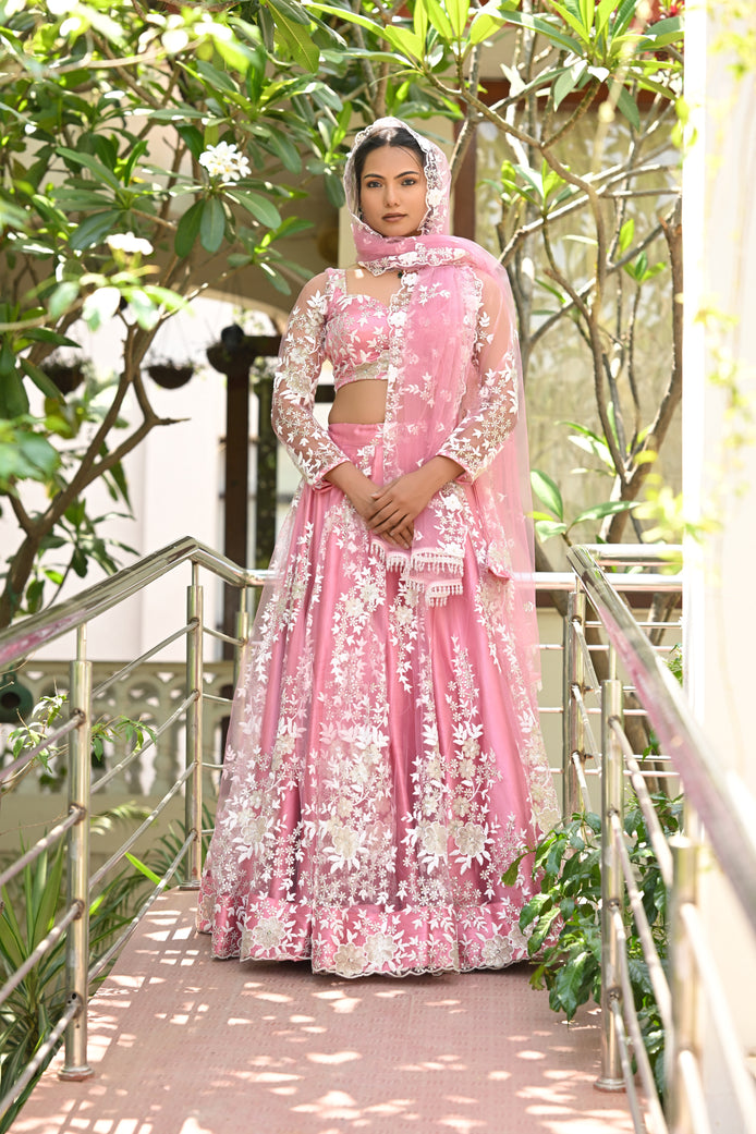 Pink Sparkle Embroidered Net Lehenga