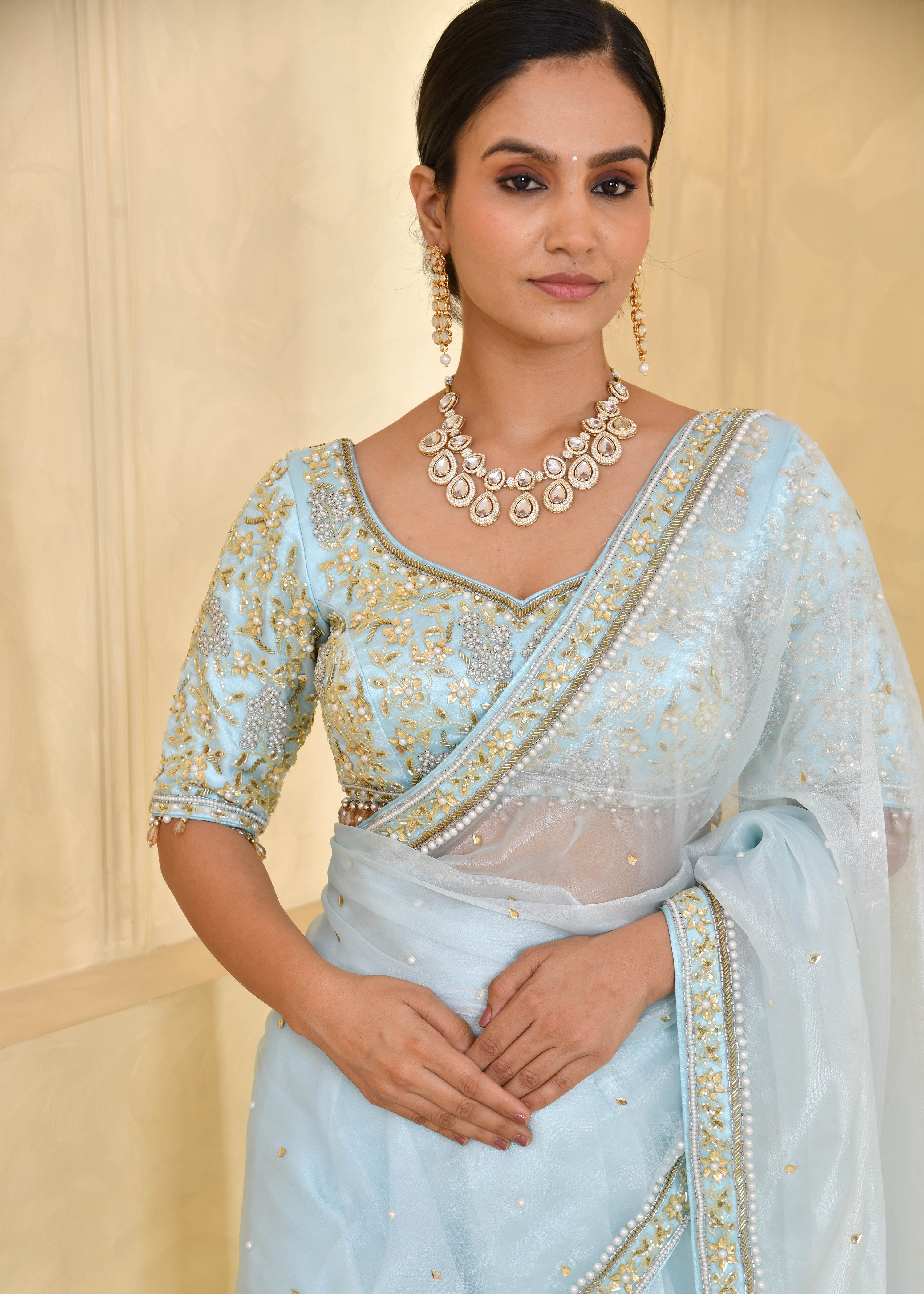 Sky Blue Hand-Embroidered Tissue Saree
