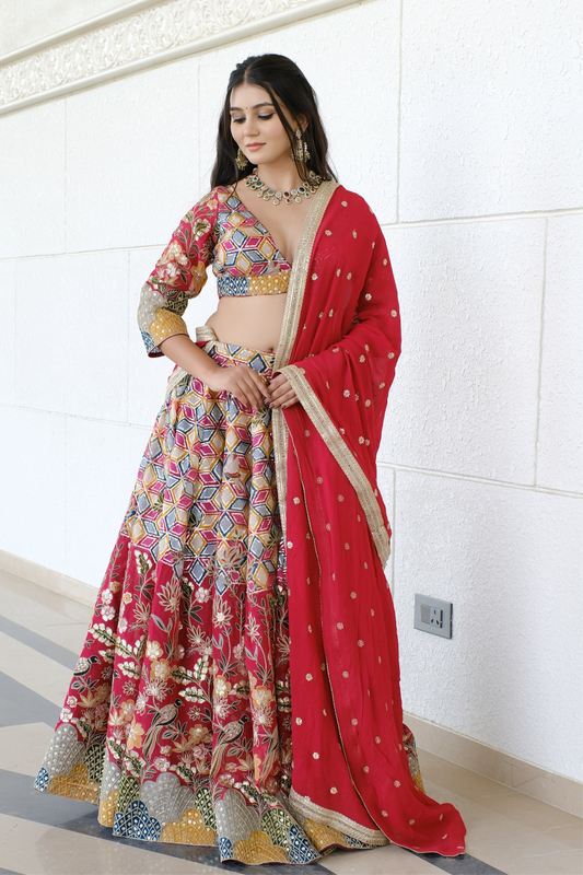 Crimson Red Multicolor Patterned Embroidered Silk Lehenga