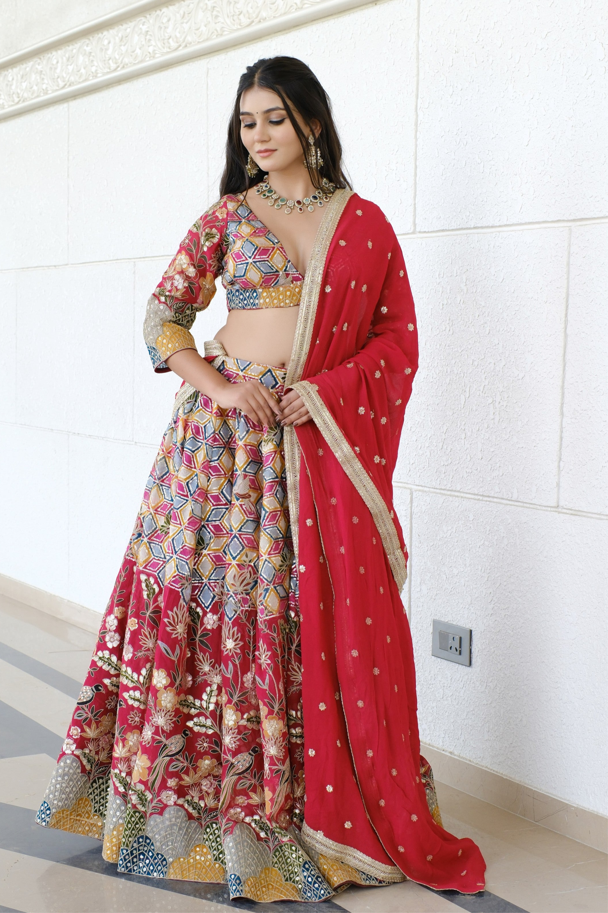 Crimson Red Multicolor Patterned Embroidered Silk Lehenga