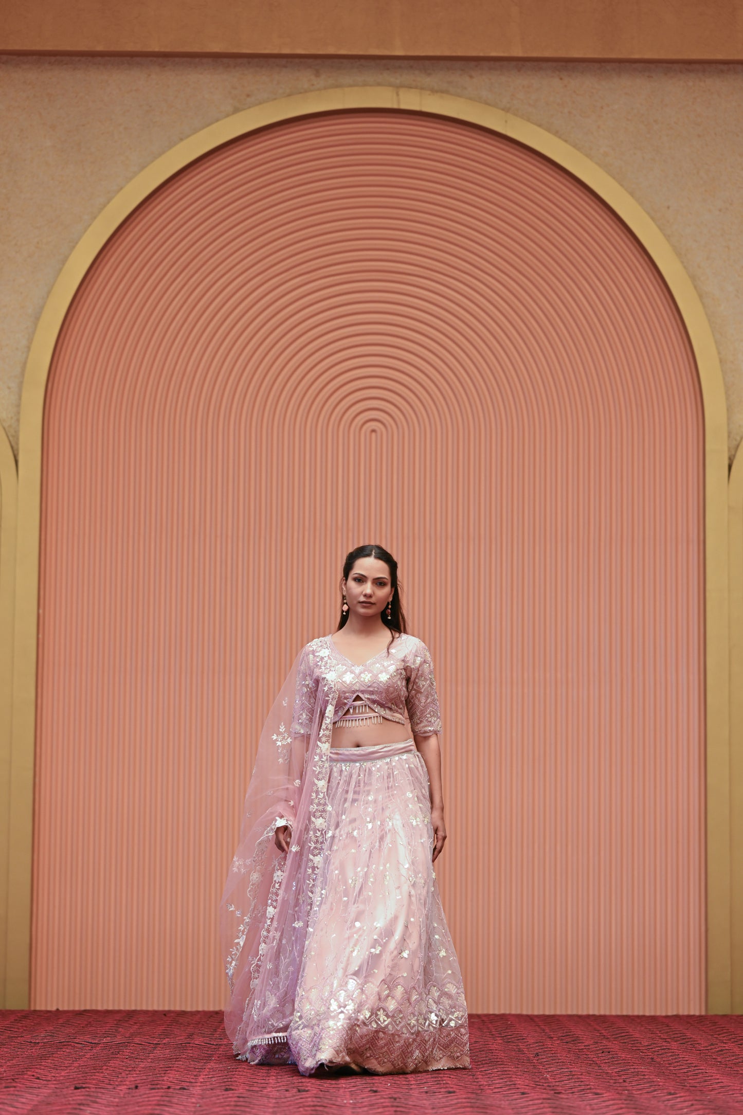 Light Pastel Pink Embroidered Net Lehenga