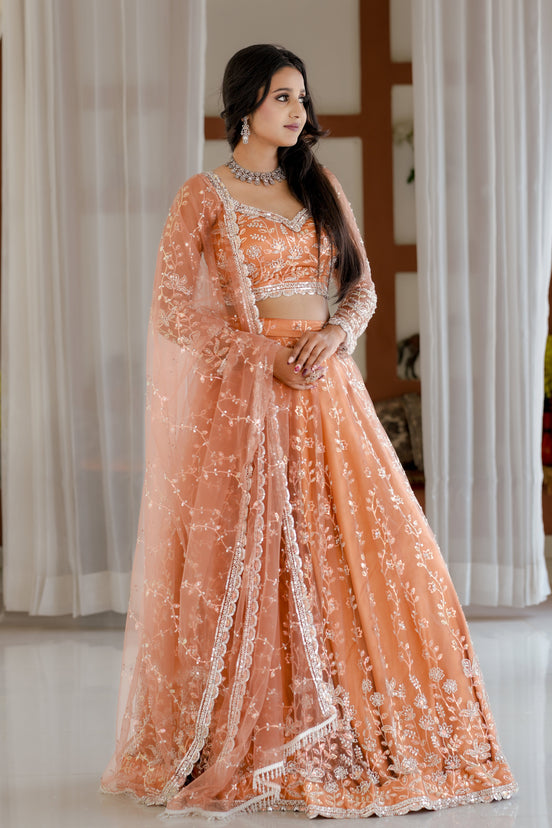 Peach Hand Embroidered Net Lehenga