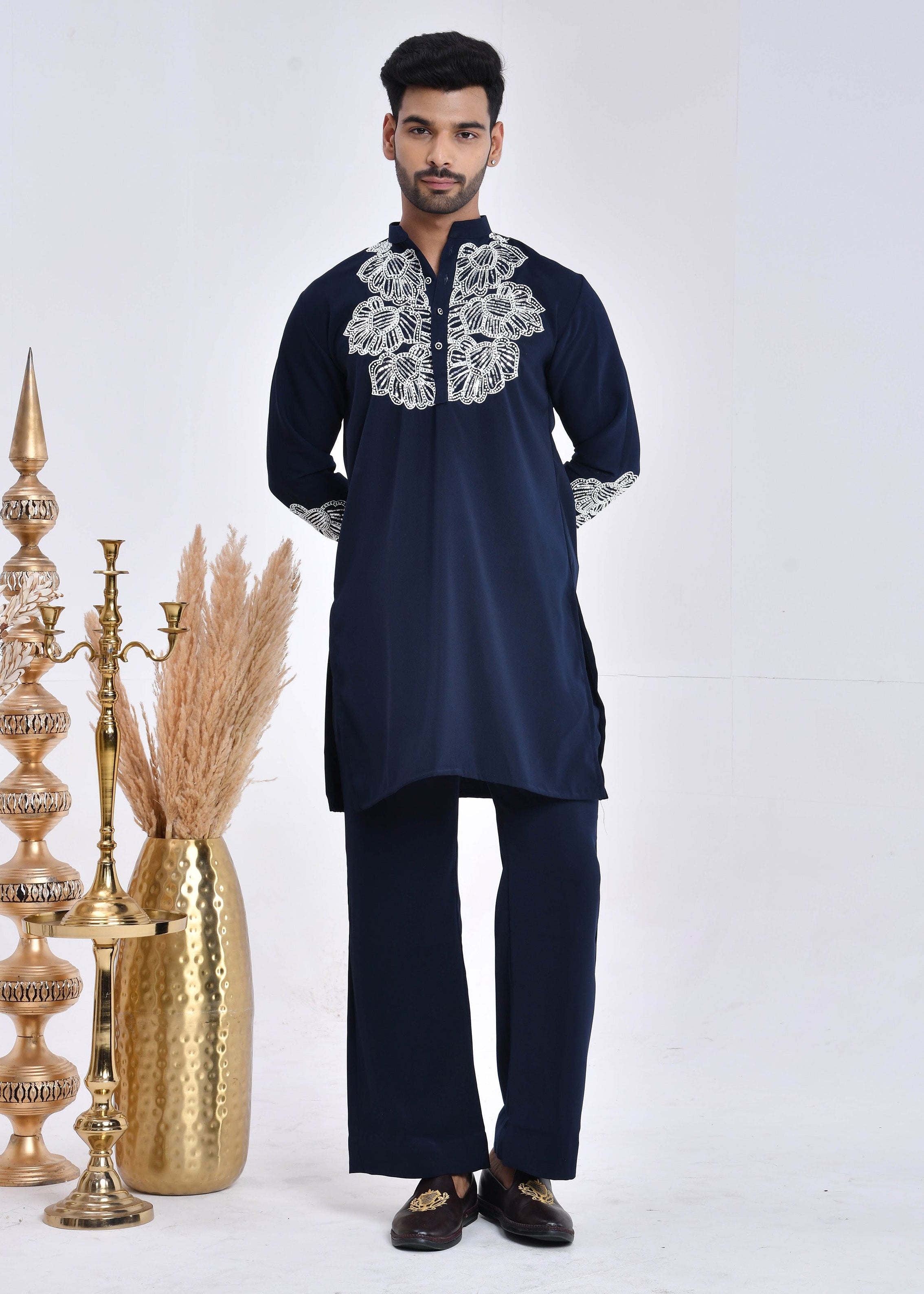 Navy Blue Hand-Embroidered Japanese Satin Kurta Set
