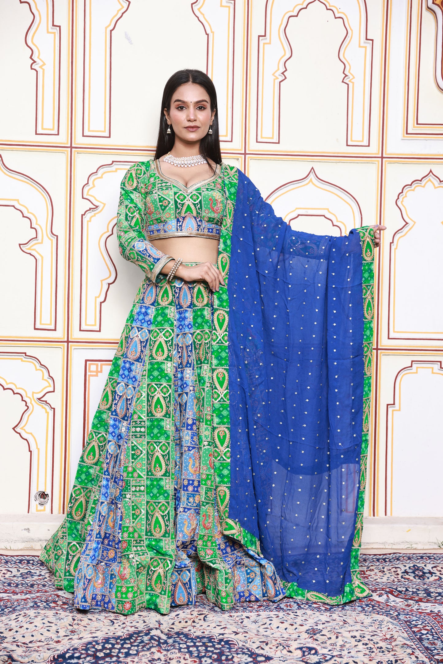 Green and Blue Embroidered Viscose Crepe Lehenga