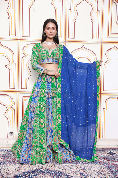 Green and Blue Embroidered Viscose Crepe Lehenga