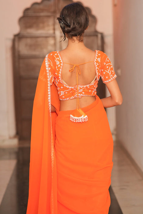 Orange Hand EmbroideryGeorgette Saree