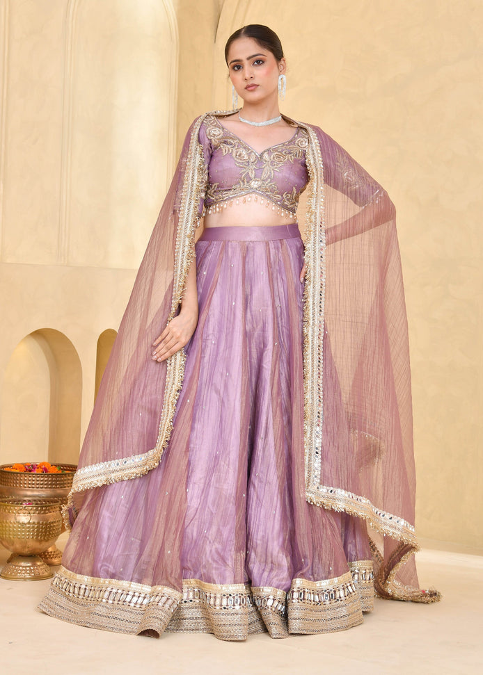 Mauve Purple Hand-Embroidered Tissue Lehenga