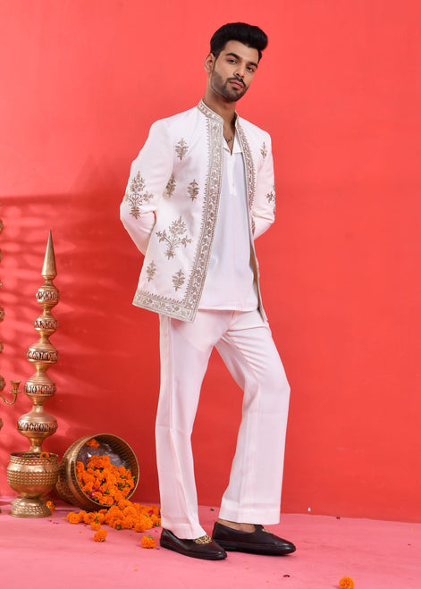 White Embroidered Japanese Silk Indo-Western Suit