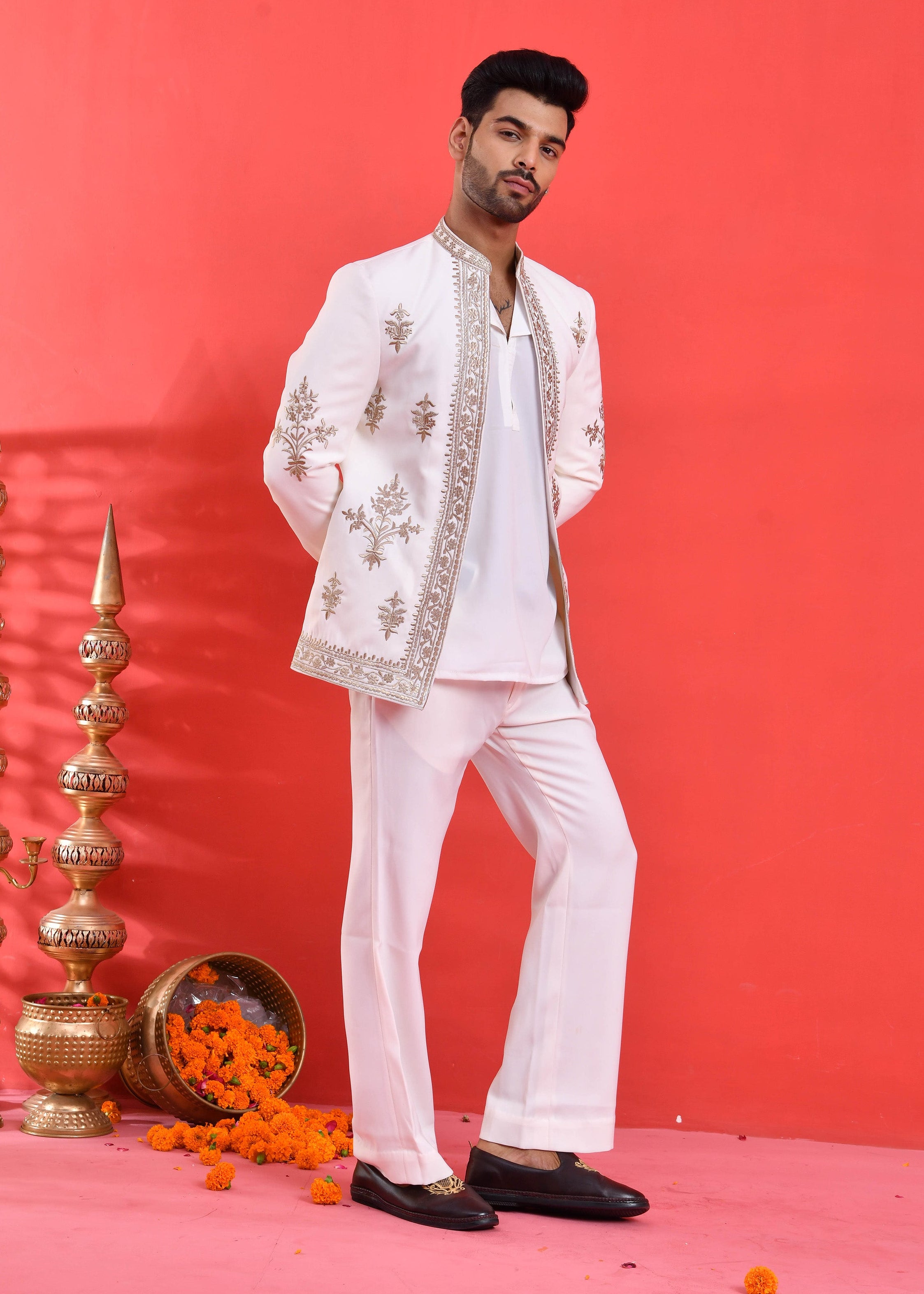 White Embroidered Japanese Silk Indo-Western Suit