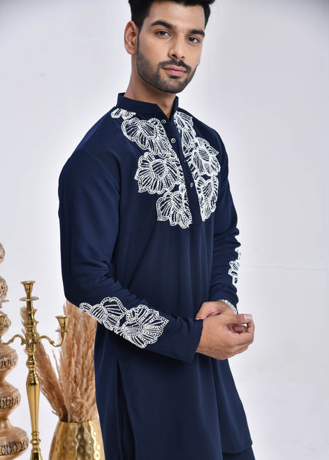 Navy Blue Hand-Embroidered Japanese Satin Kurta Set