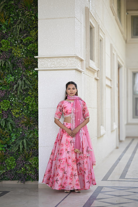 Pink Multicolor Floral Embellished Organza Lehenga