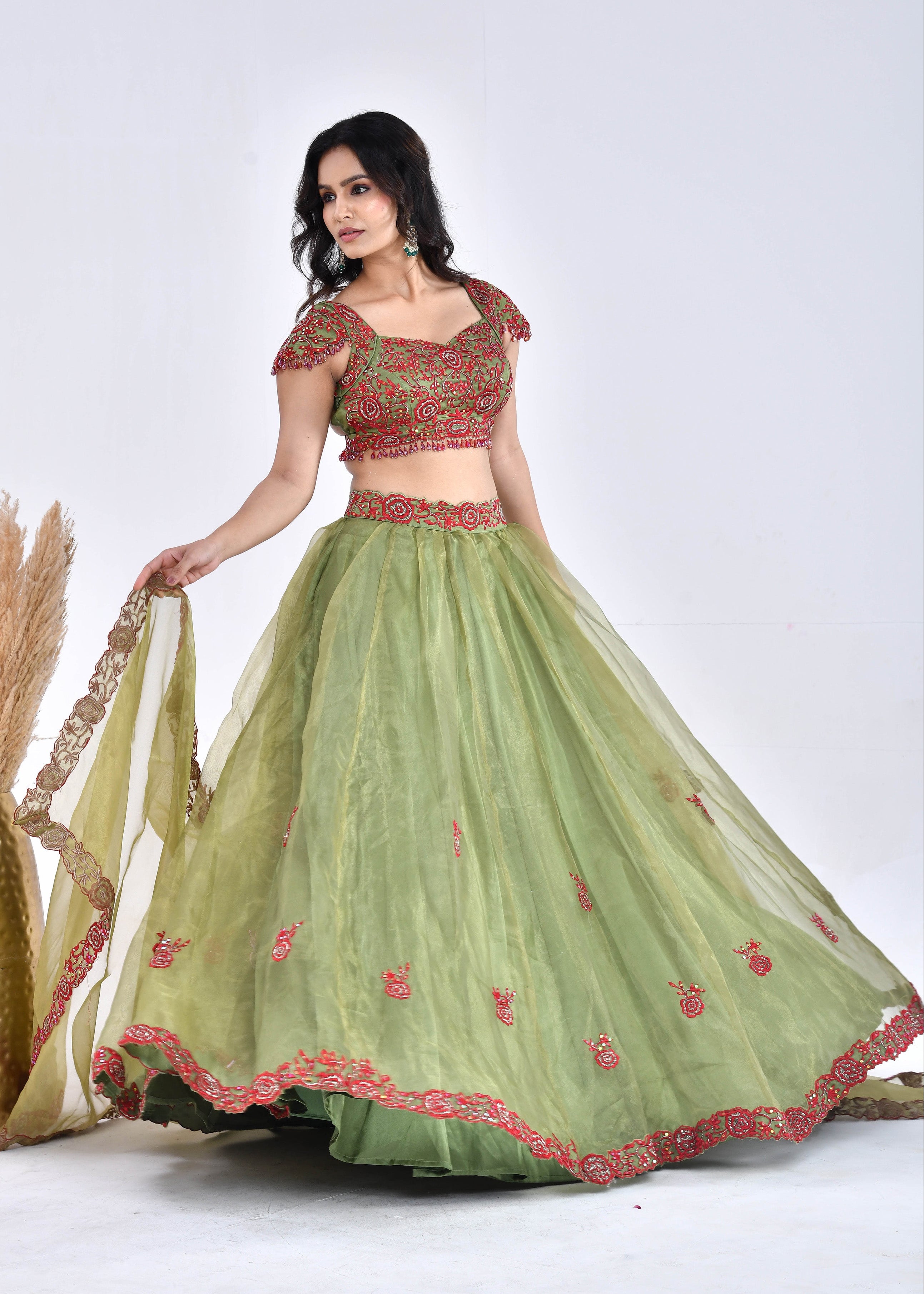 Olive Green Hand-Embroidered Silk Lehenga