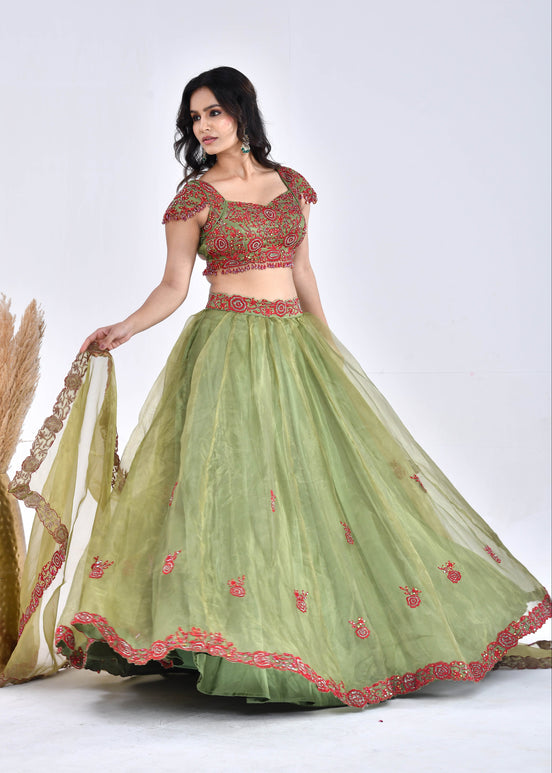 Olive Green Hand-Embroidered Silk Lehenga