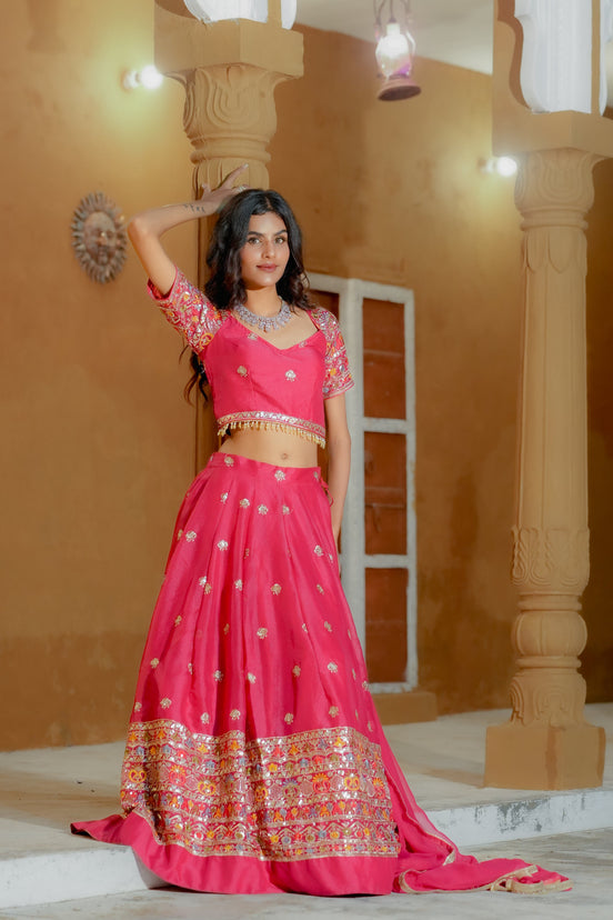 Pink Embroidered Georgette Lehenga