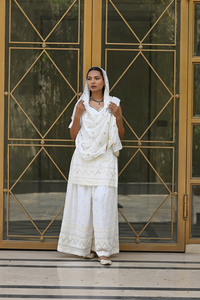 White and Gold Patterned Embroidered Sharara