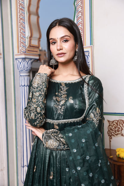 Midnight Green Embroidered Silk Anarkali