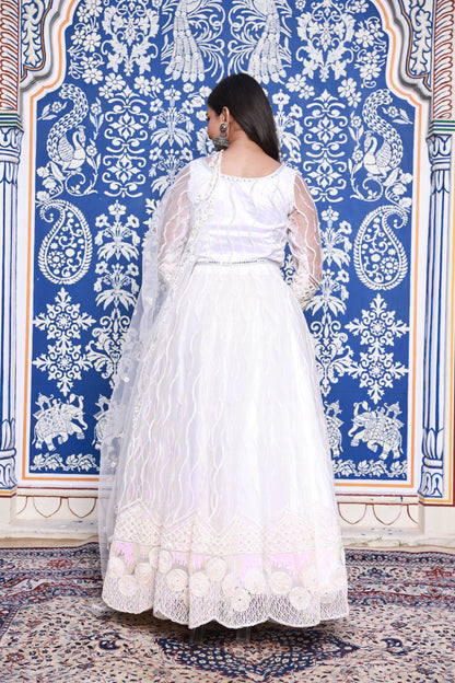 White Floral Embroidered Anarkali Style Net Lehenga